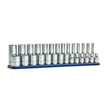 Capri Tools 1/4in. Drive Master Chrome Sockets Set, 6-Point, 4 15 mm, Metric, 28-Piece Billet Aluminum Socket Rail CP12110-28MSDR